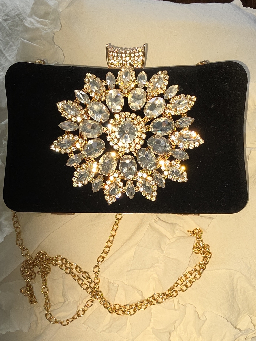 Black Velvet Crystal Starburst Evening Clutch with Gold Chain